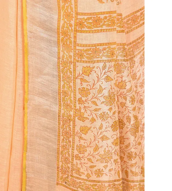 ORANGE HAND WOVEN LINEN SAREE WITH HANDBLOCK PRINT AND MUKAISH WORK