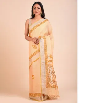 ORANGE HAND WOVEN LINEN SAREE WITH HANDBLOCK PRINT AND MUKAISH WORK