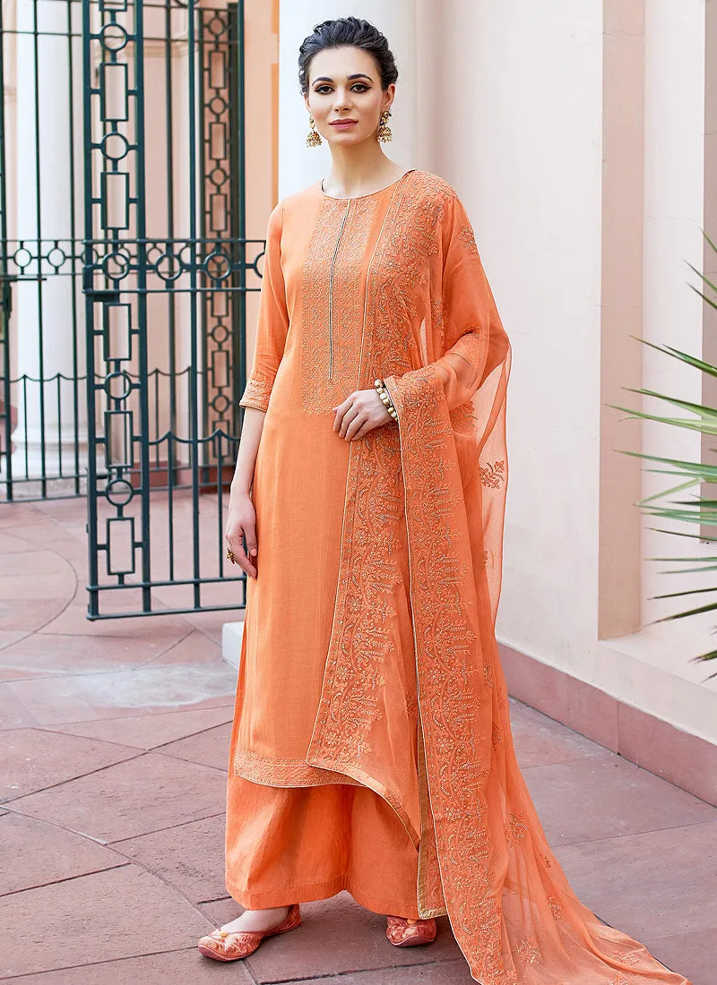 Orange Kashmiri Embroidered Designer Palazzo Suit