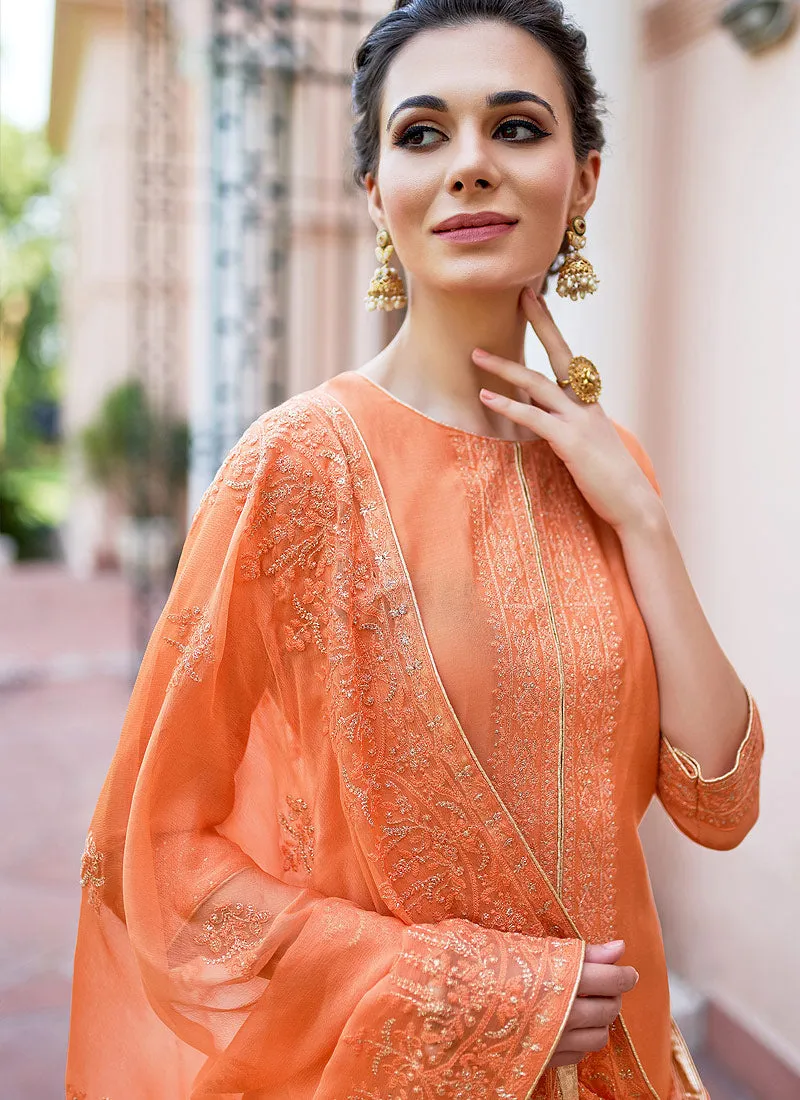 Orange Kashmiri Embroidered Designer Palazzo Suit
