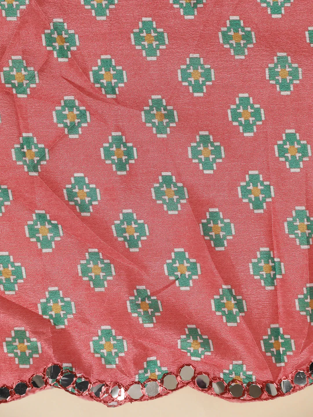 Orange Tie-Dye Printed Mirror Work Satin Saree