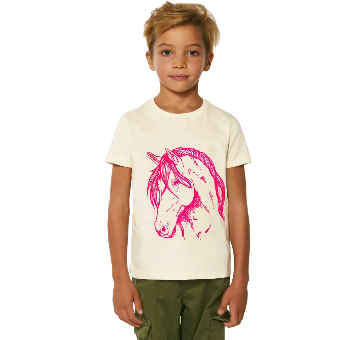 Organic Cotton Kids T-Shirt | Neon Pink Pony on Natural Heather