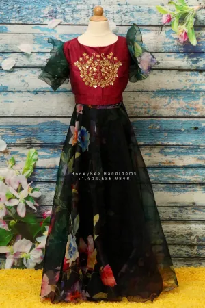 organza crop top,Kids crop top,skirt top,lehenga,pattu blouse,organza,floral  print,black dress ,red dress