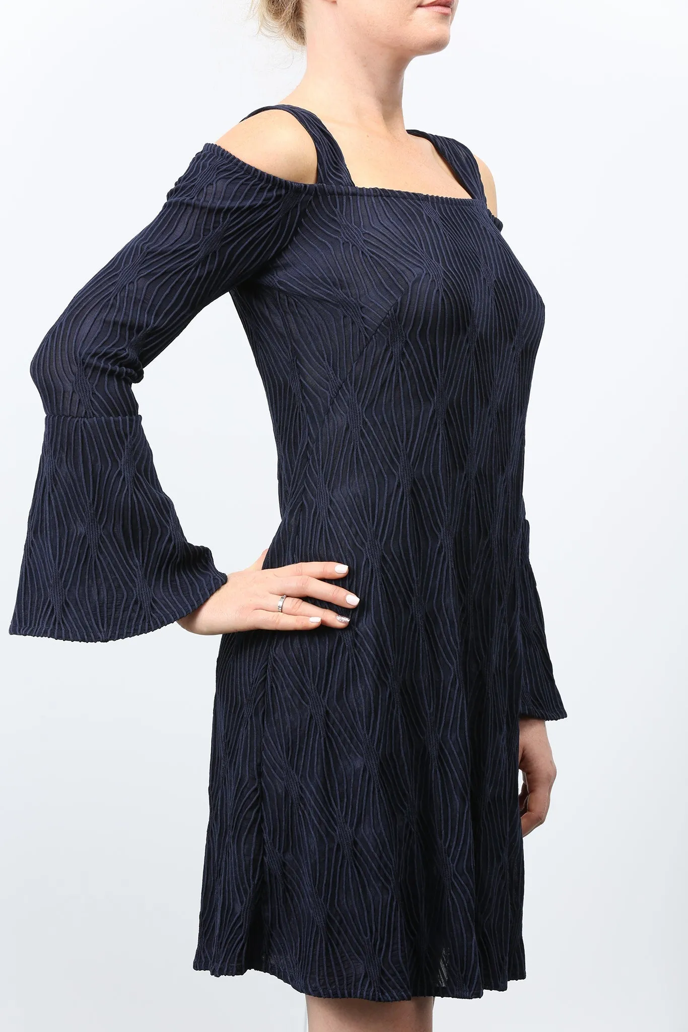 Orly Navy Cold Shoulder Bell-Sleeved Sheath Dress