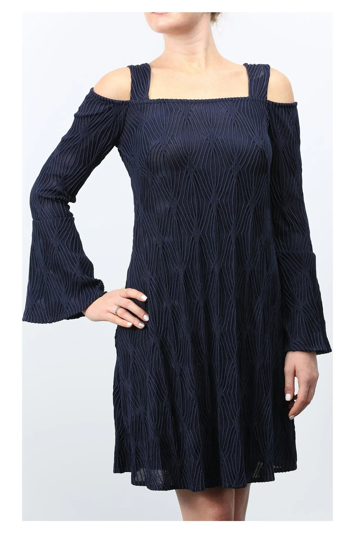 Orly Navy Cold Shoulder Bell-Sleeved Sheath Dress