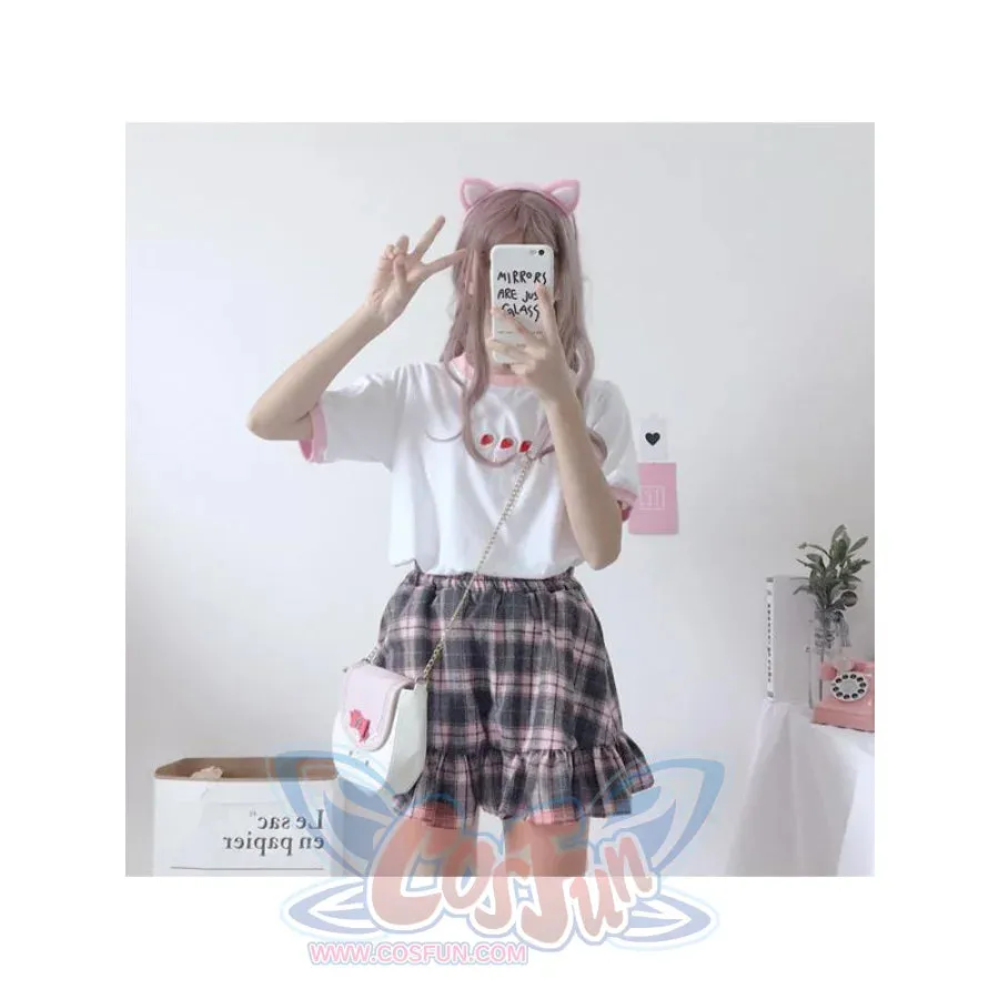 Package Sale Strawberry Embroidered Top and Plaid Flounced Skirt Set J40099