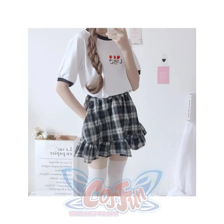 Package Sale Strawberry Embroidered Top and Plaid Flounced Skirt Set J40099