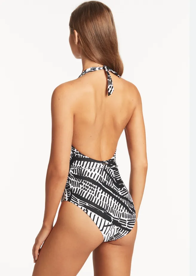 Pampas Vee Neck Halter One Piece Black
