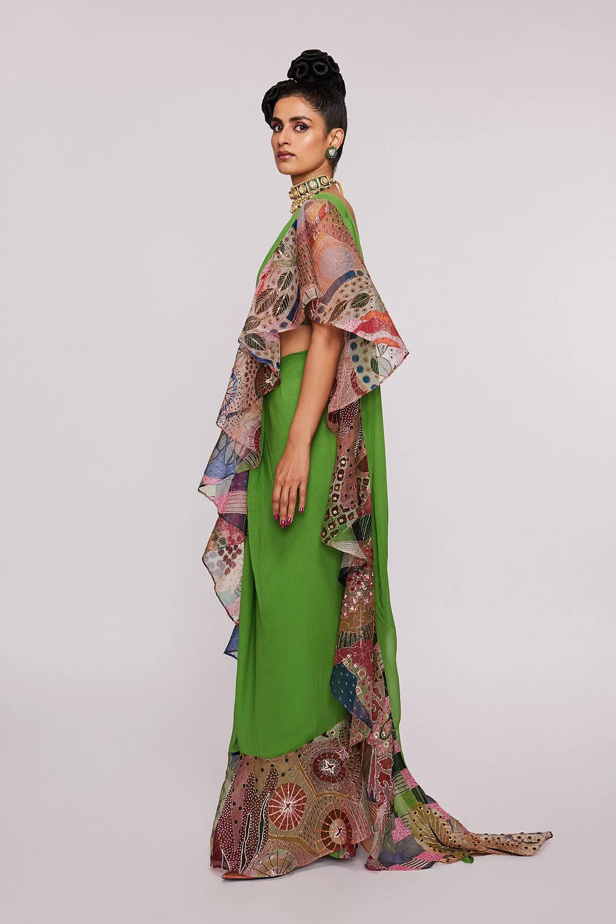 Parrot Green Divergence Organza Vase Printed And Embellished Ruffle Saree And Blouse