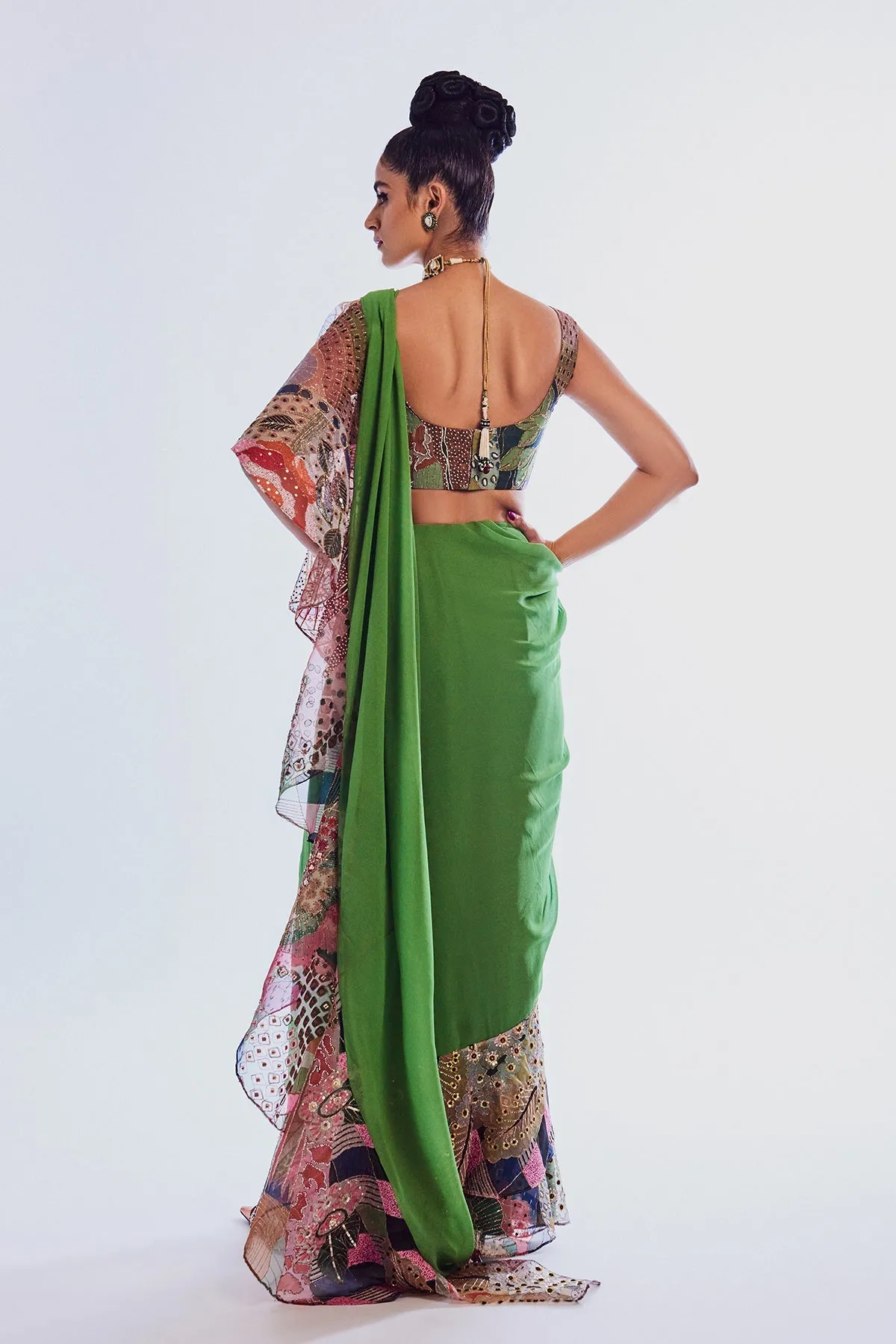 Parrot Green Divergence Organza Vase Printed And Embellished Ruffle Saree And Blouse