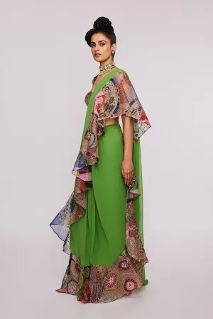 Parrot Green Divergence Organza Vase Printed And Embellished Ruffle Saree And Blouse