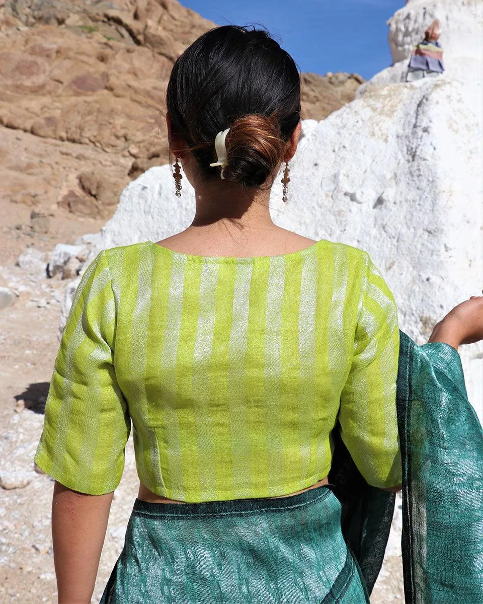 Parrot Green Handwoven Linen Zari Blouse-Samah