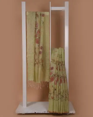 Pastel Green Pure Linen Print With Woven Saree With Linen Blouse