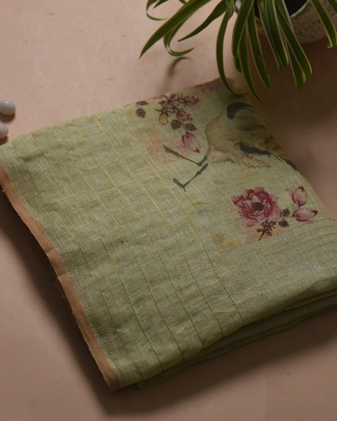 Pastel Green Pure Linen Print With Woven Saree With Linen Blouse