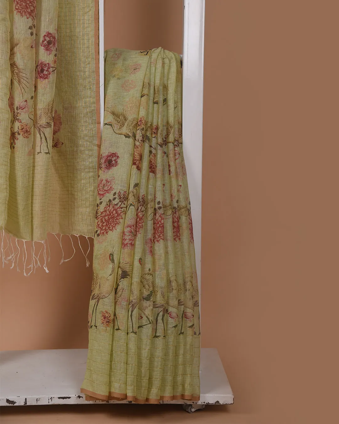 Pastel Green Pure Linen Print With Woven Saree With Linen Blouse