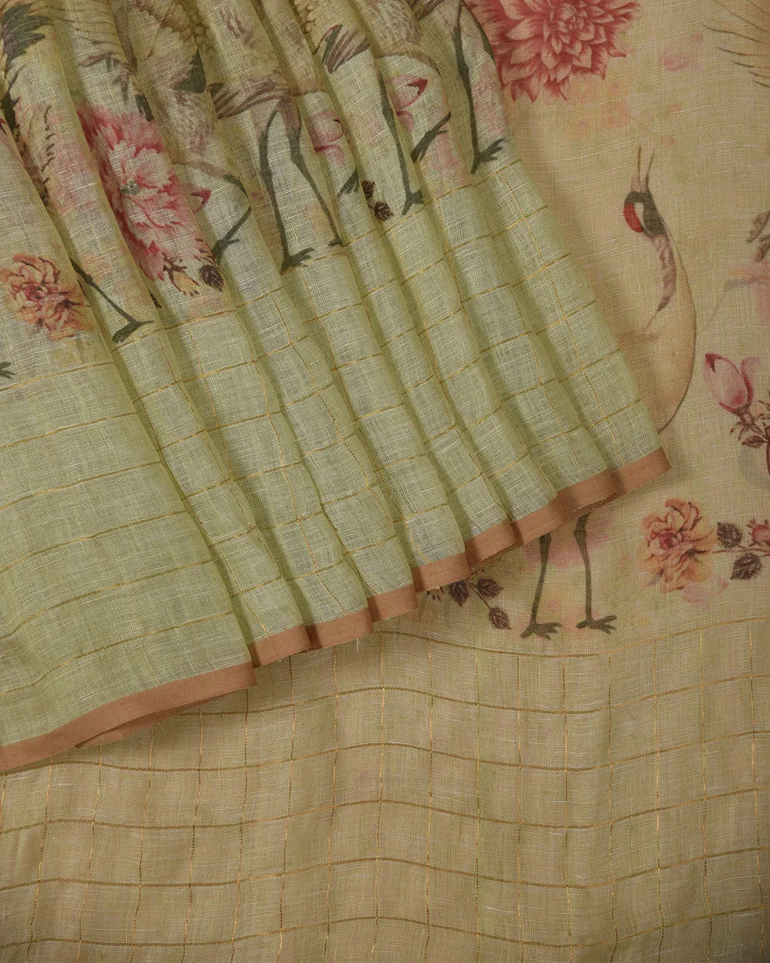 Pastel Green Pure Linen Print With Woven Saree With Linen Blouse