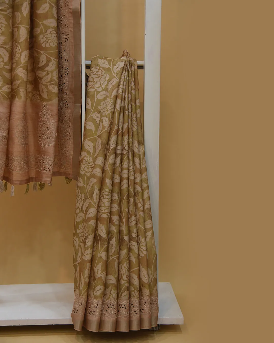 Pastel Green Silk Blend Printed With Embroidery Saree With Silk Blend Embroidered Blouse