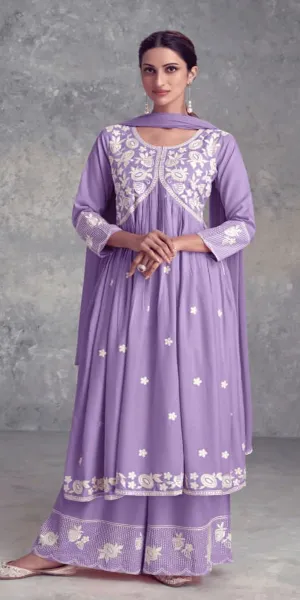 Pastel Purple Nyra Cut Palazzo Suit, Lukhnawi embroidery Palazzo Suit, Indian Ethnic wear, Pastel Color Palazzo