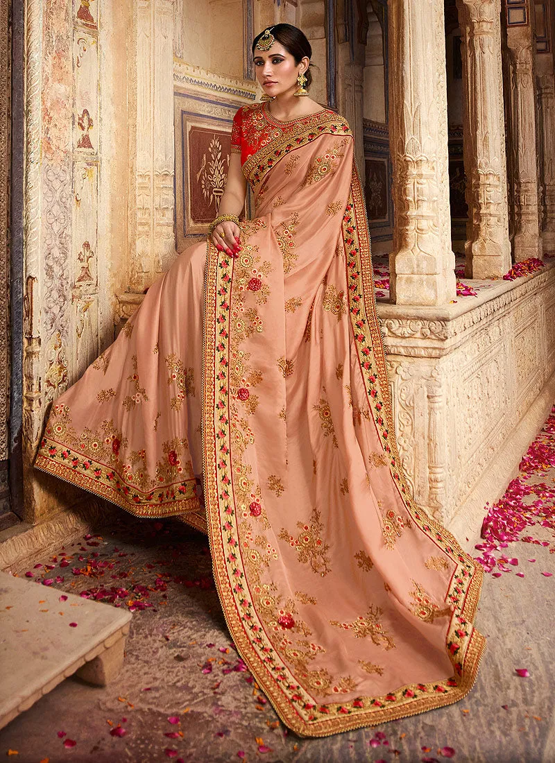 Peach And Orange Zari Embroidered Traditional Saree