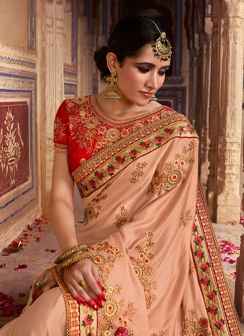 Peach And Orange Zari Embroidered Traditional Saree