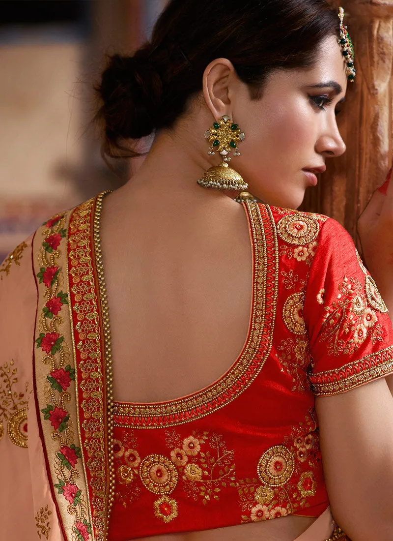 Peach And Orange Zari Embroidered Traditional Saree