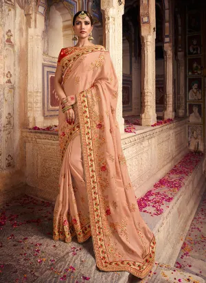 Peach And Orange Zari Embroidered Traditional Saree