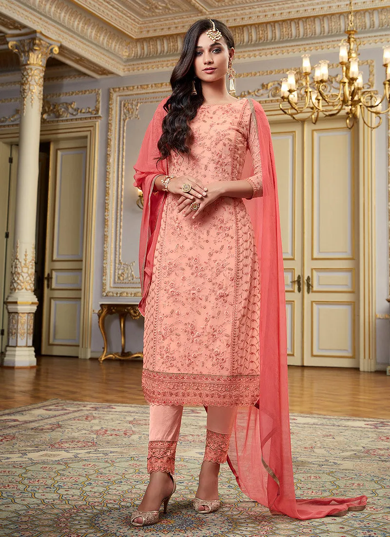 Peach Embroidery Pakistani Pant Suit