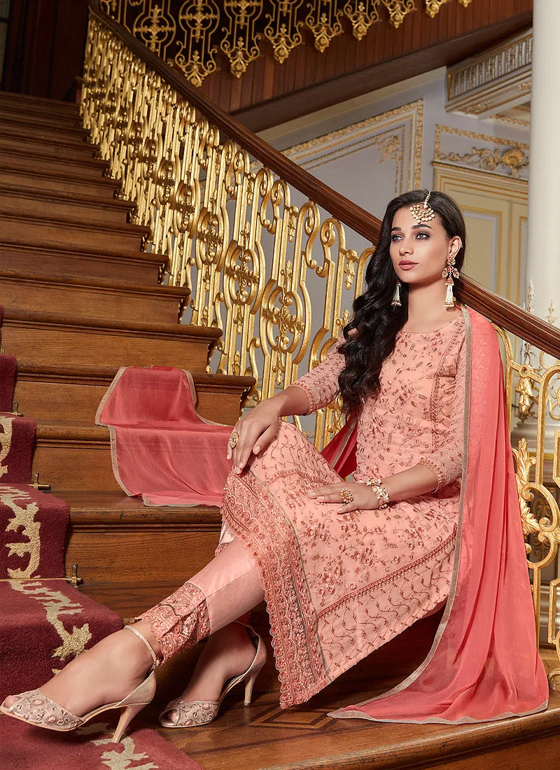 Peach Embroidery Pakistani Pant Suit