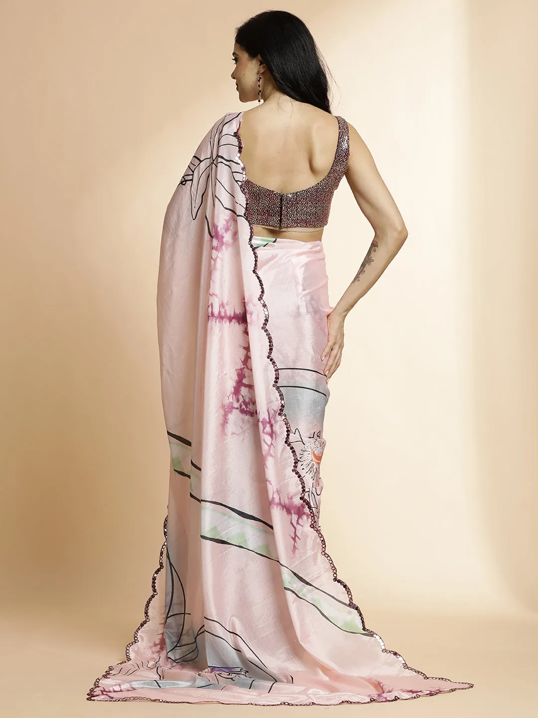 Peach Tie-Dye Printed Mirror Work Satin Saree
