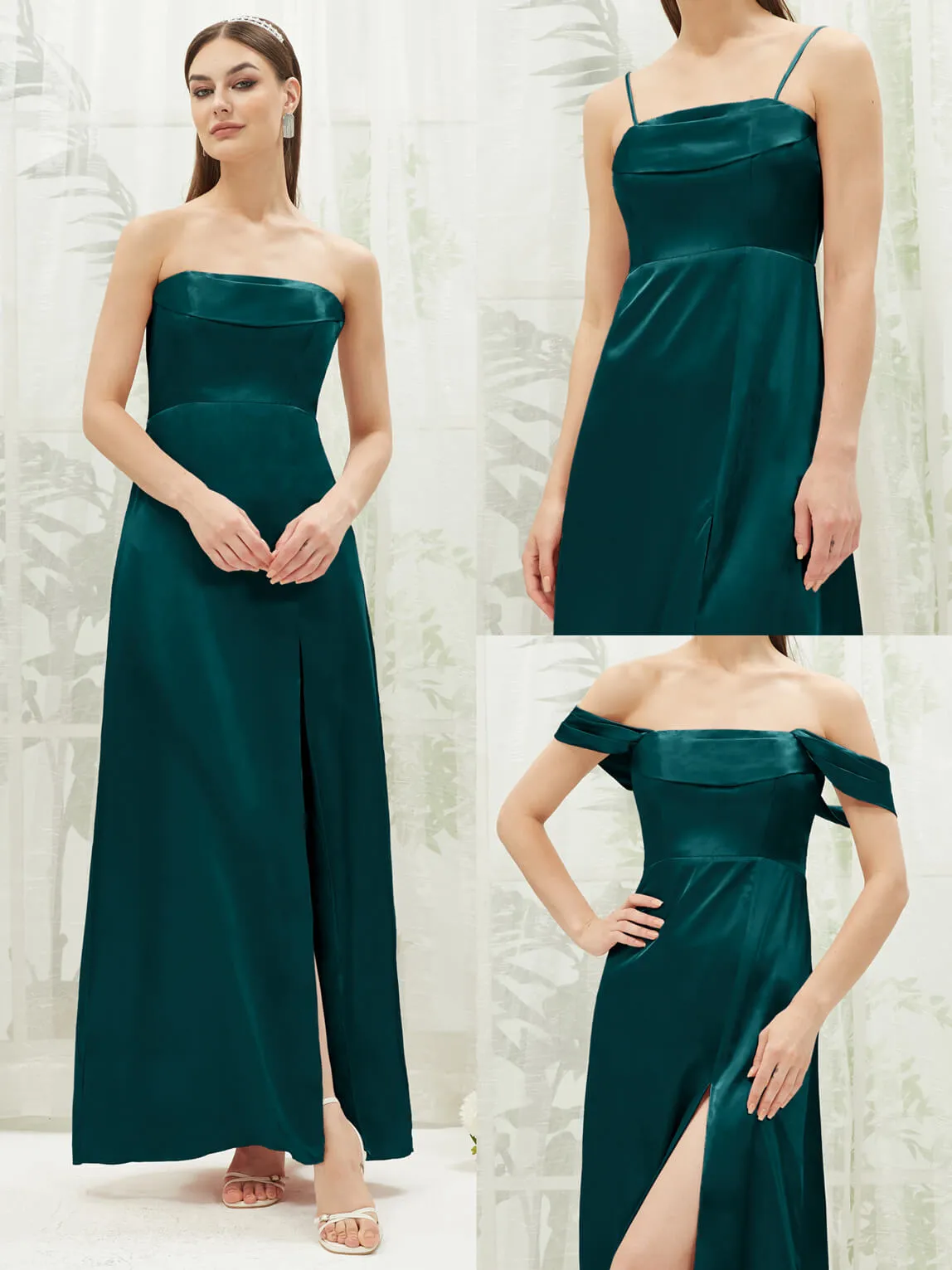 Peacock Satin Convertible Slit Floor Length  Bridesmaid Dresses
