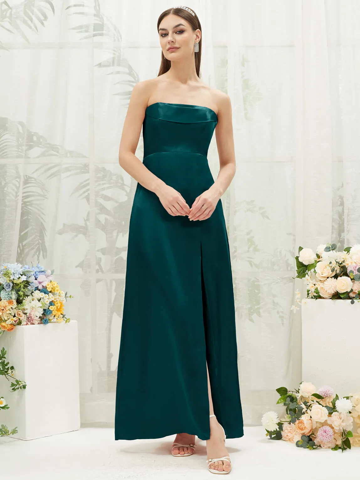 Peacock Satin Convertible Slit Floor Length  Bridesmaid Dresses