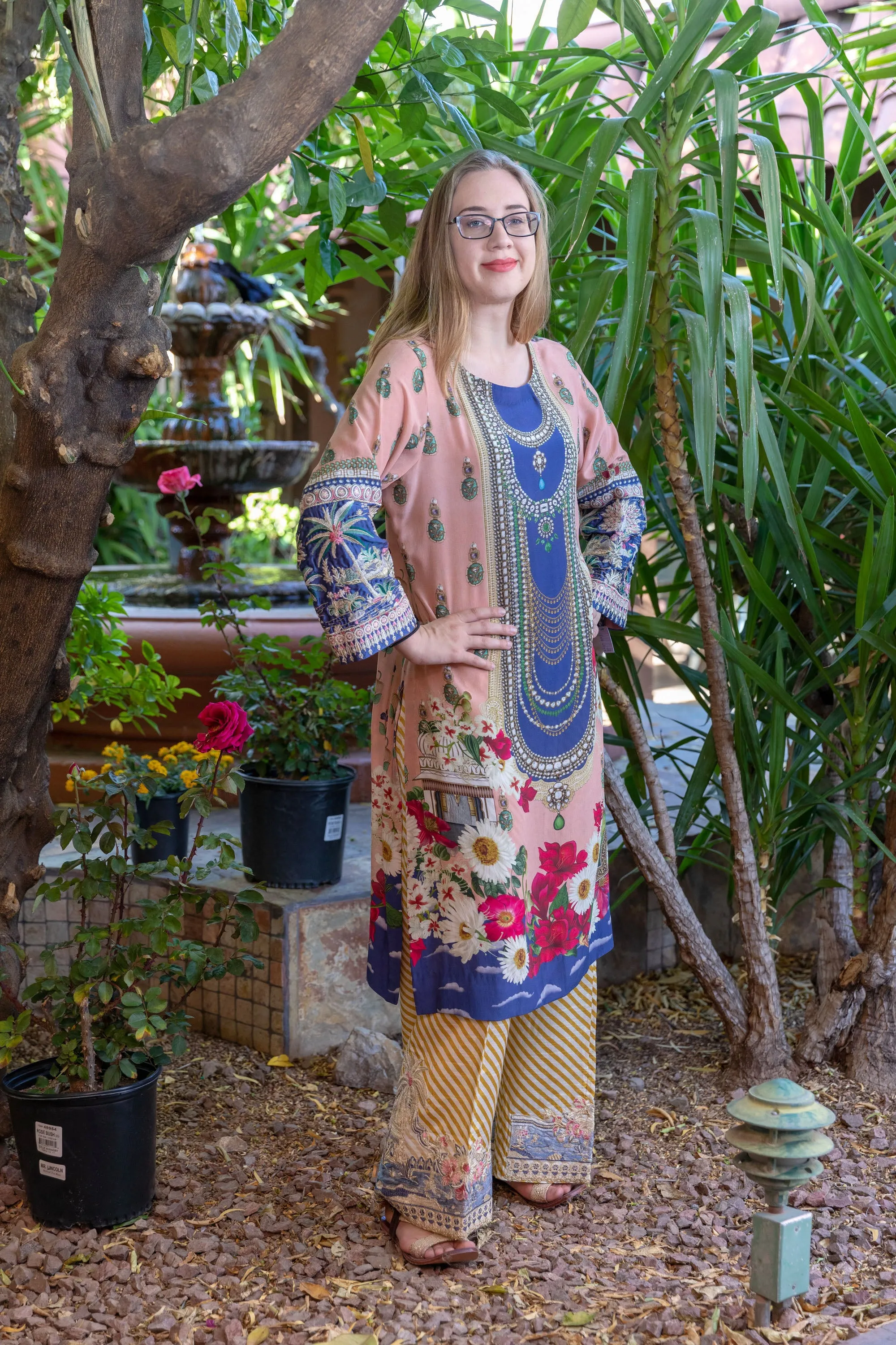 Pink and Blue Three Piece Suit - Salwar Kameez