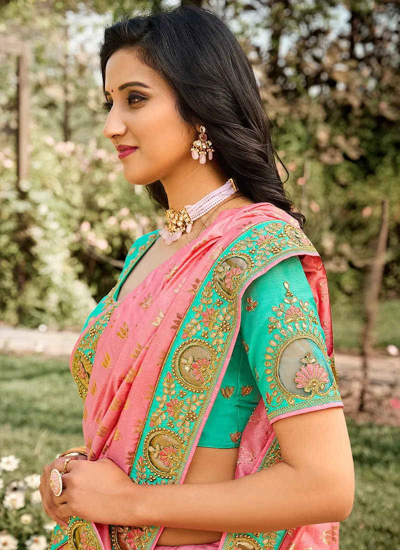 Pink And Green Embroidered Silk Saree