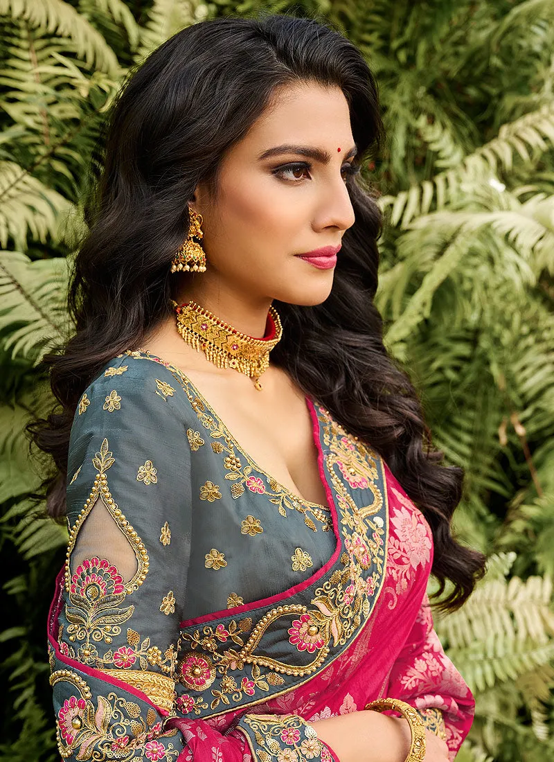 Pink And Grey Embroidered Silk Saree