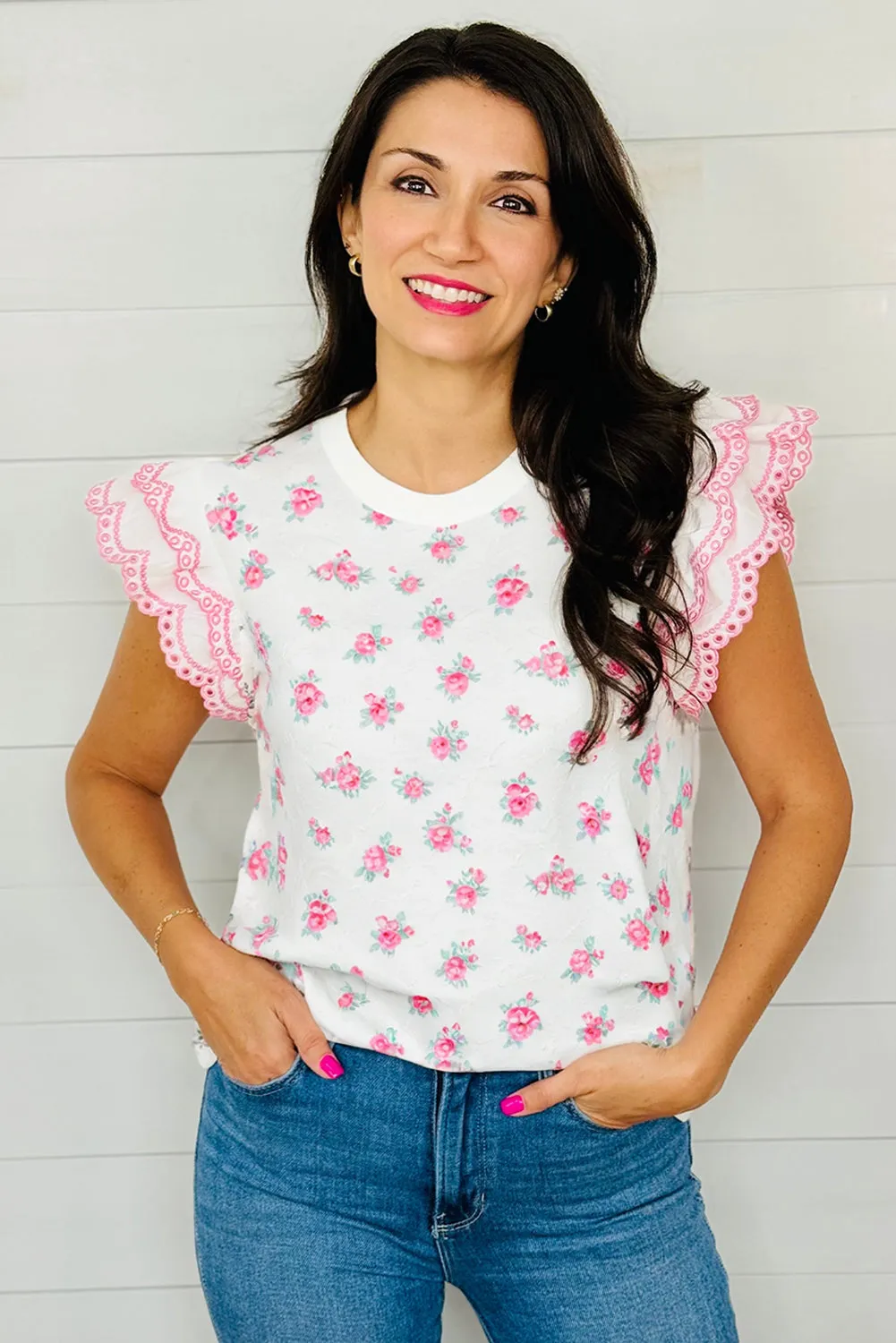 Pink Eyelet Embroidered Ruffle Sleeve Round Neck Floral Blouse