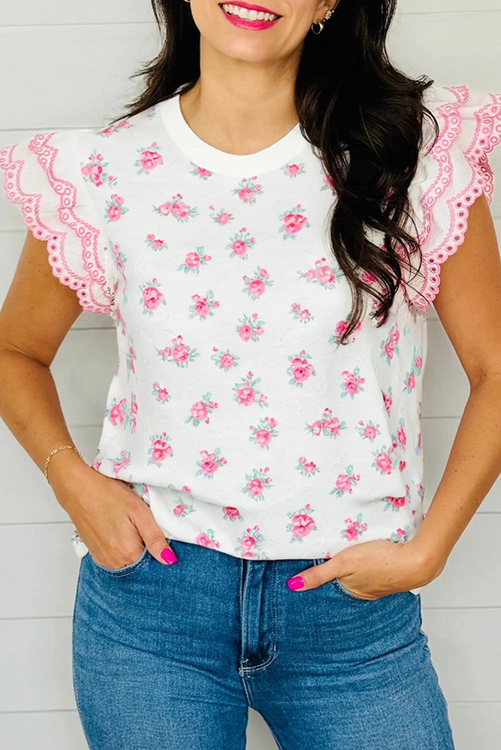 Pink Eyelet Embroidered Ruffle Sleeve Round Neck Floral Blouse
