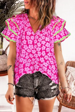 Pink Floral Contrast Ric Rac Layered Ruffle Sleeve Blouse