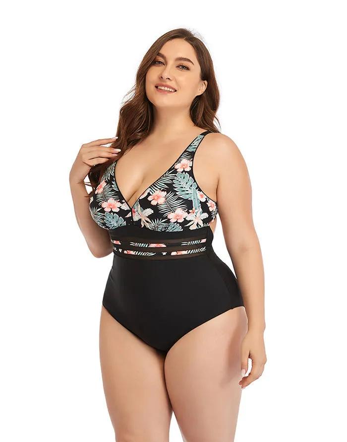 Pink Flower V-Neck  Tie One-Piece Swimsuit