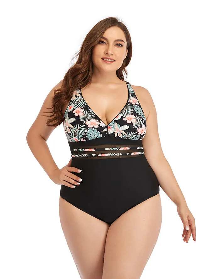 Pink Flower V-Neck  Tie One-Piece Swimsuit
