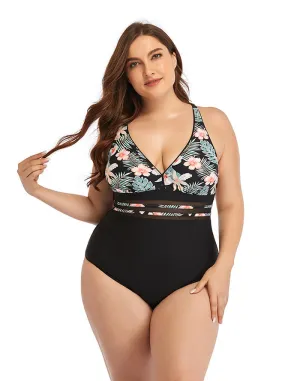 Pink Flower V-Neck  Tie One-Piece Swimsuit