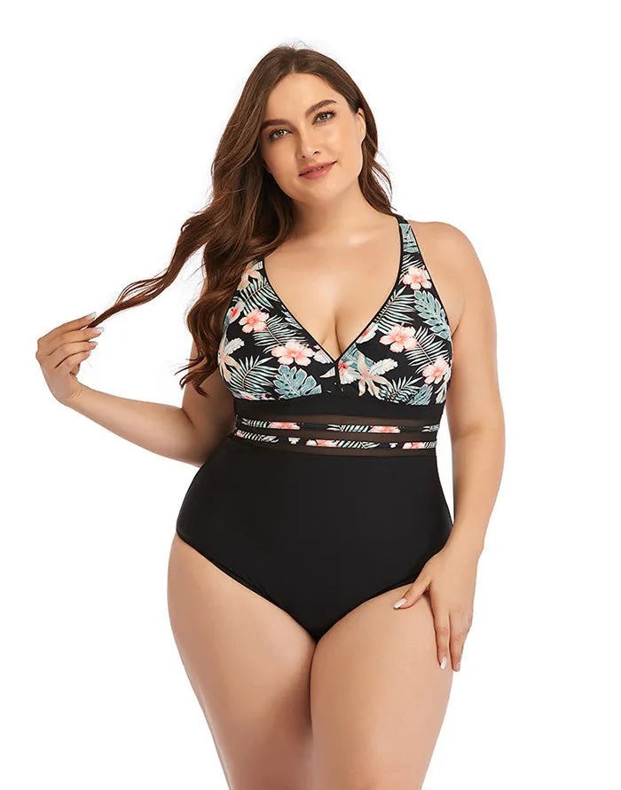 Pink Flower V-Neck  Tie One-Piece Swimsuit