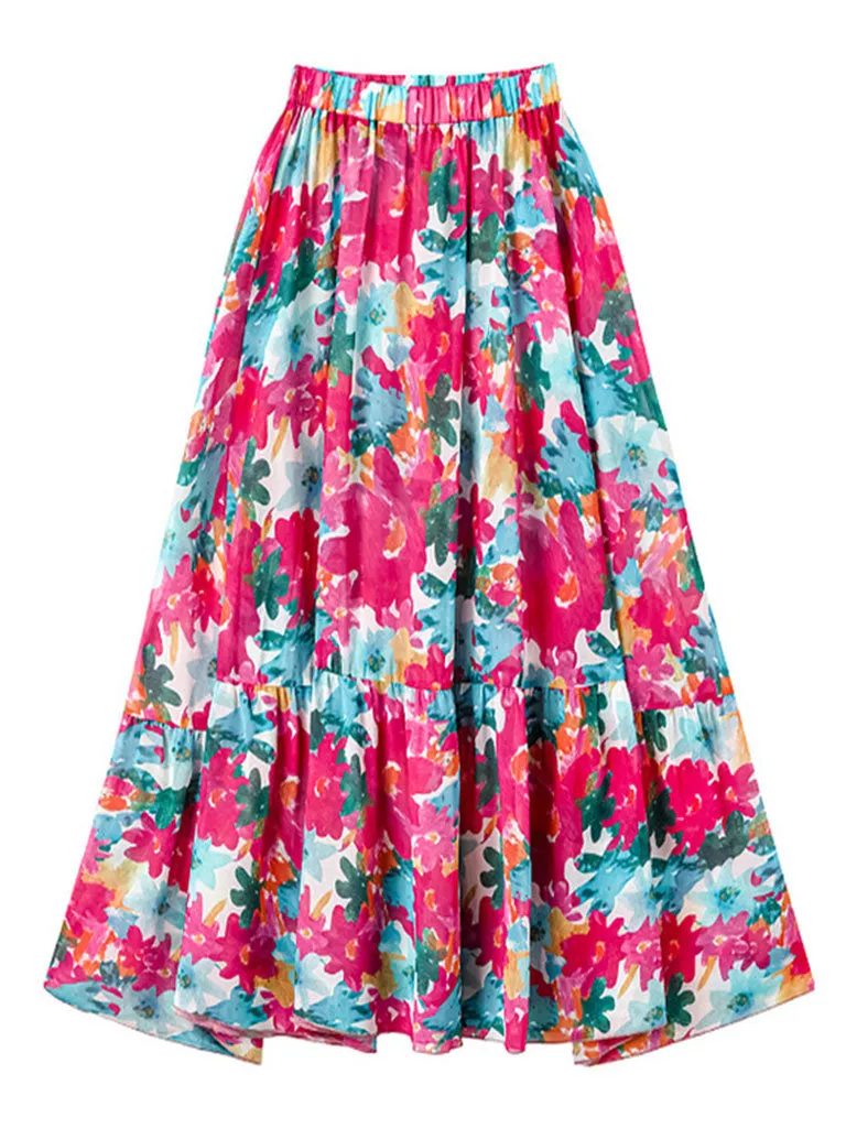 Pink Handmade Flower Ruffles Strappy One Piece With Swimsuit Swing Skirt