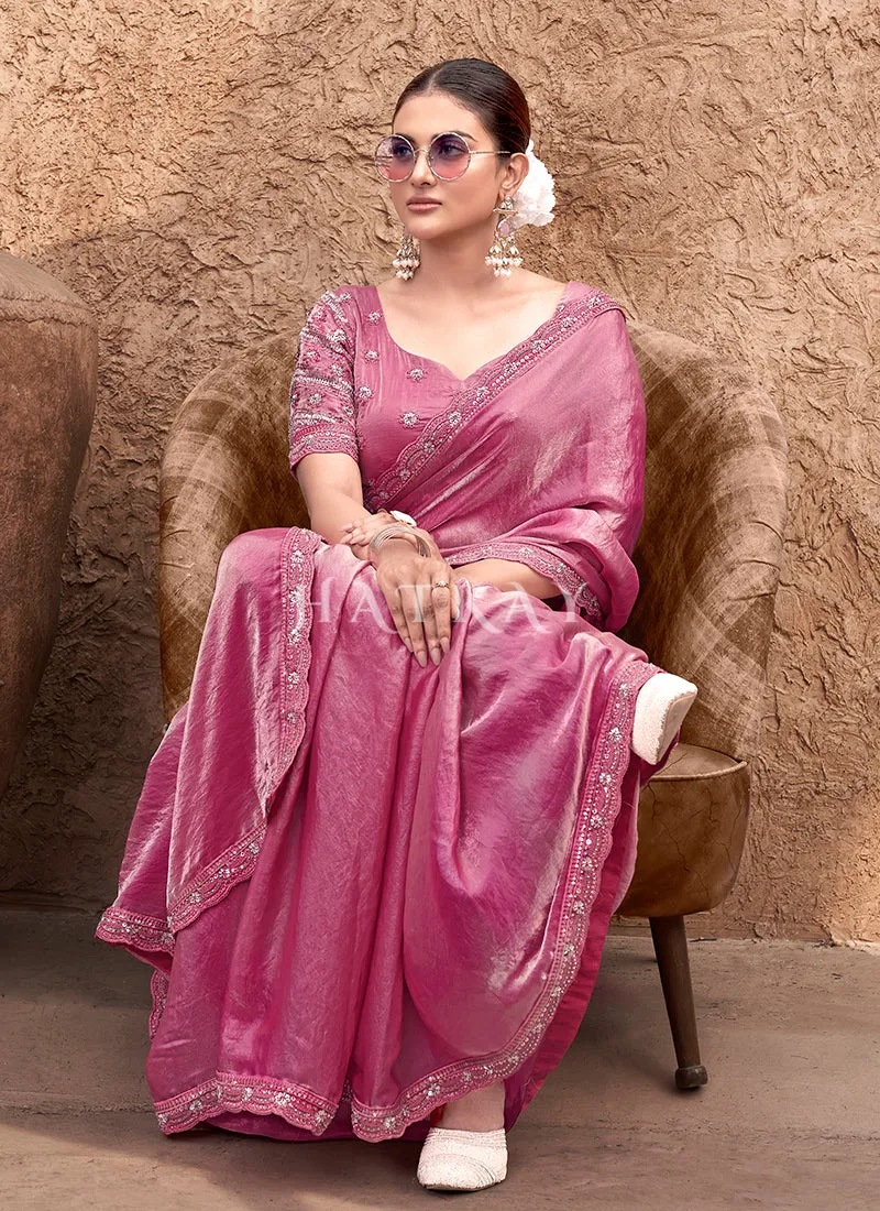 Pink Handwork Embroidery Satin Silk Saree