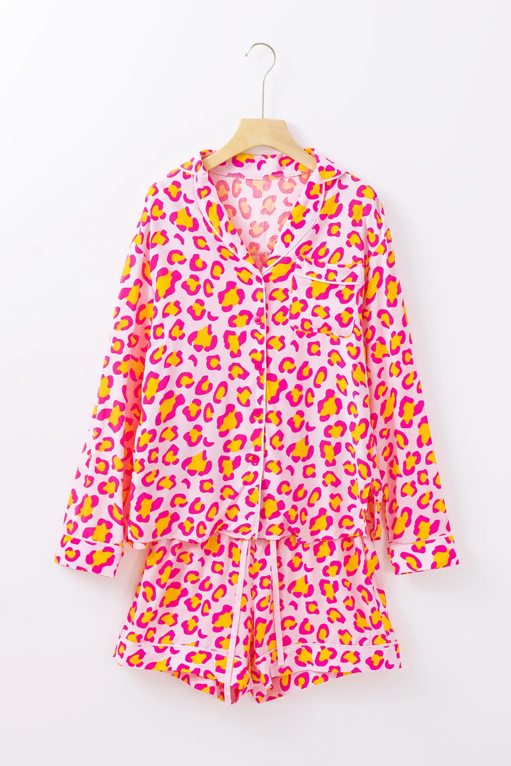 Pink Leopard Print Long Sleeve Shirt and Shorts Pajama Set