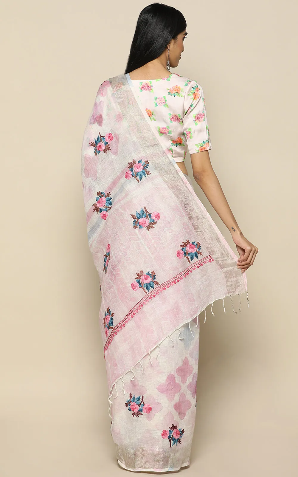 PINK LINEN SAREE WITH KASHMIRI HAND EMBROIDERY