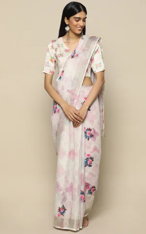 PINK LINEN SAREE WITH KASHMIRI HAND EMBROIDERY