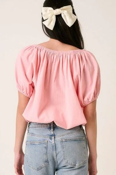 Pink Linen Two-Way Short Sleeve Crop Blouse