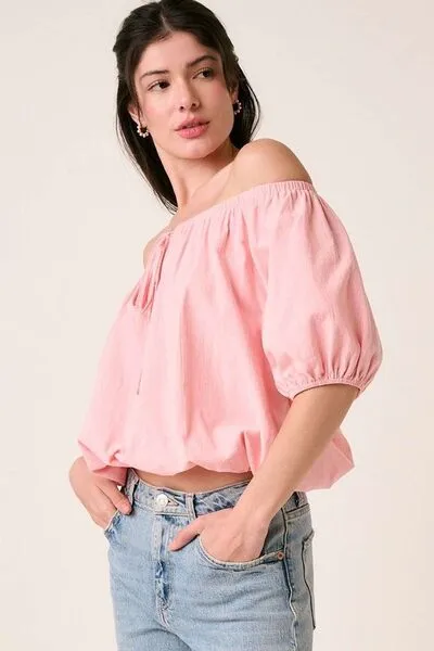 Pink Linen Two-Way Short Sleeve Crop Blouse