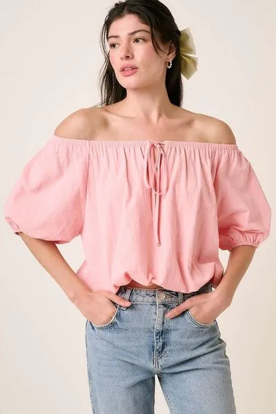 Pink Linen Two-Way Short Sleeve Crop Blouse