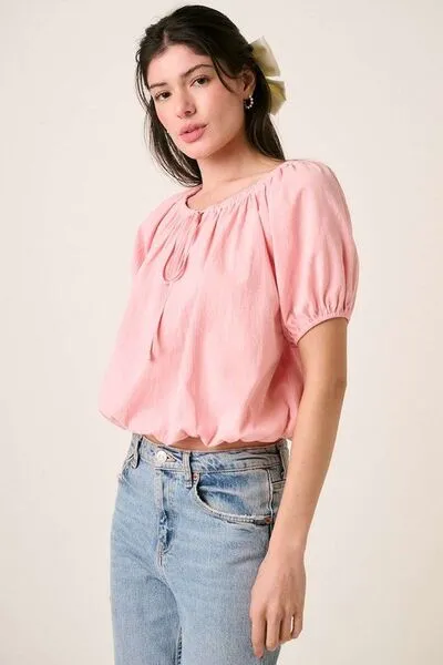 Pink Linen Two-Way Short Sleeve Crop Blouse